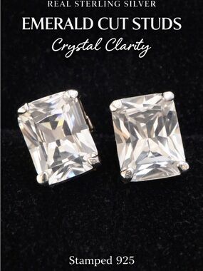Sterling Silver Clear Emerald-Cut Crystal Stud Earrings